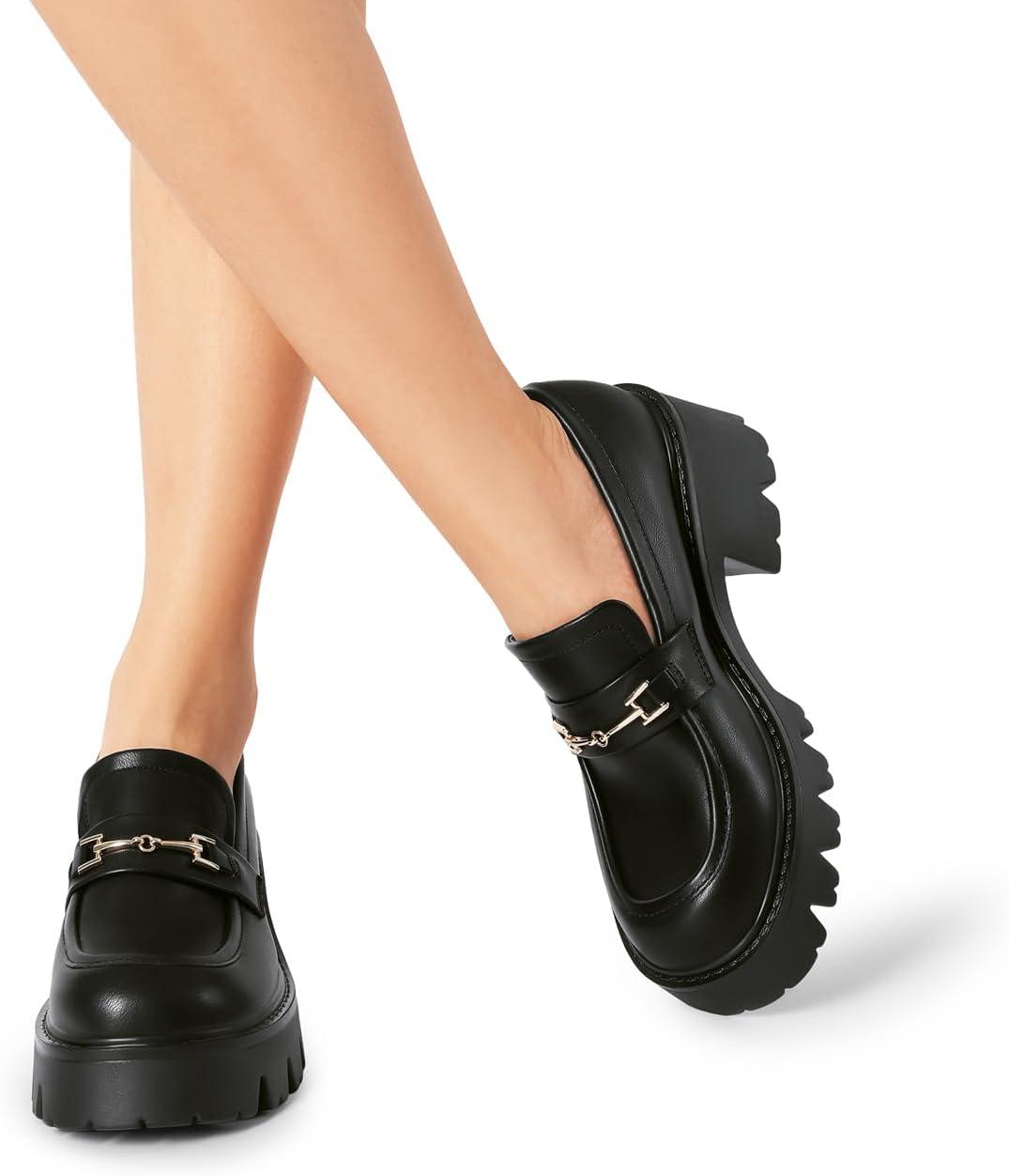 imageWomen Loafers Platform Chunky Heel Slip On Lug Sole Casual Dressy Office Business ShoesBlackpu