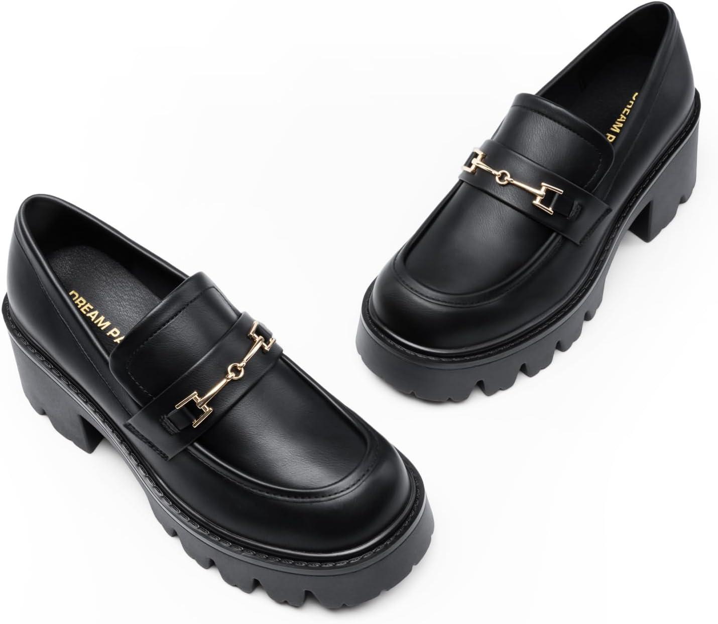 imageWomen Loafers Platform Chunky Heel Slip On Lug Sole Casual Dressy Office Business ShoesBlackpu