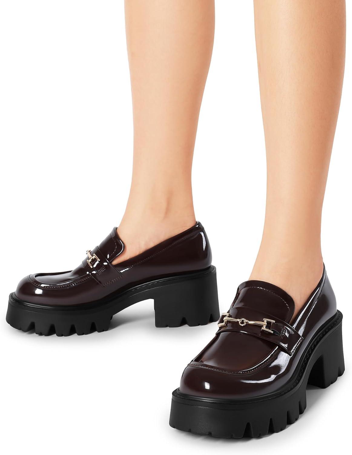 imageWomen Loafers Platform Chunky Heel Slip On Lug Sole Casual Dressy Office Business ShoesBrown