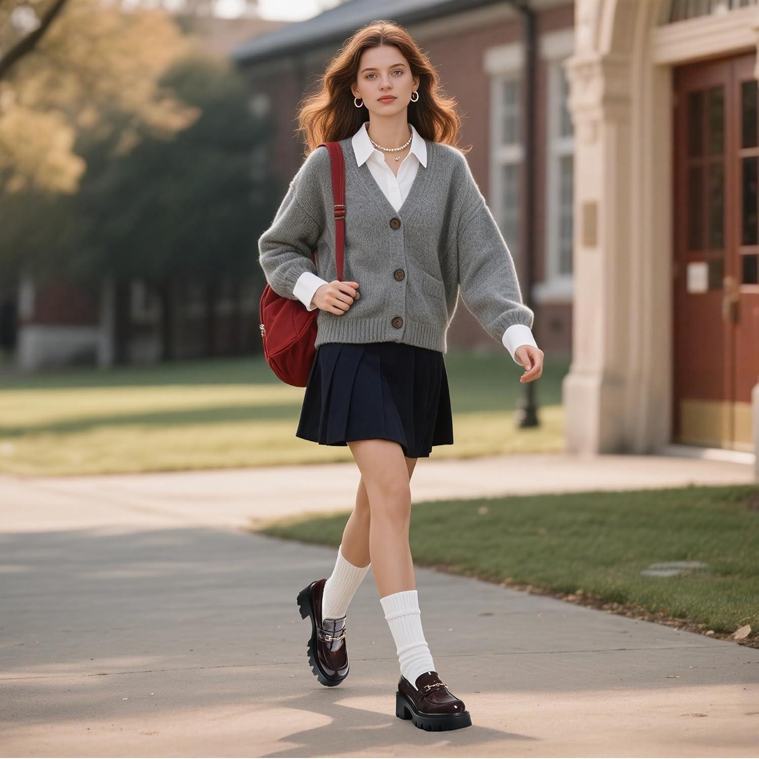 imageWomen Loafers Platform Chunky Heel Slip On Lug Sole Casual Dressy Office Business ShoesBrown