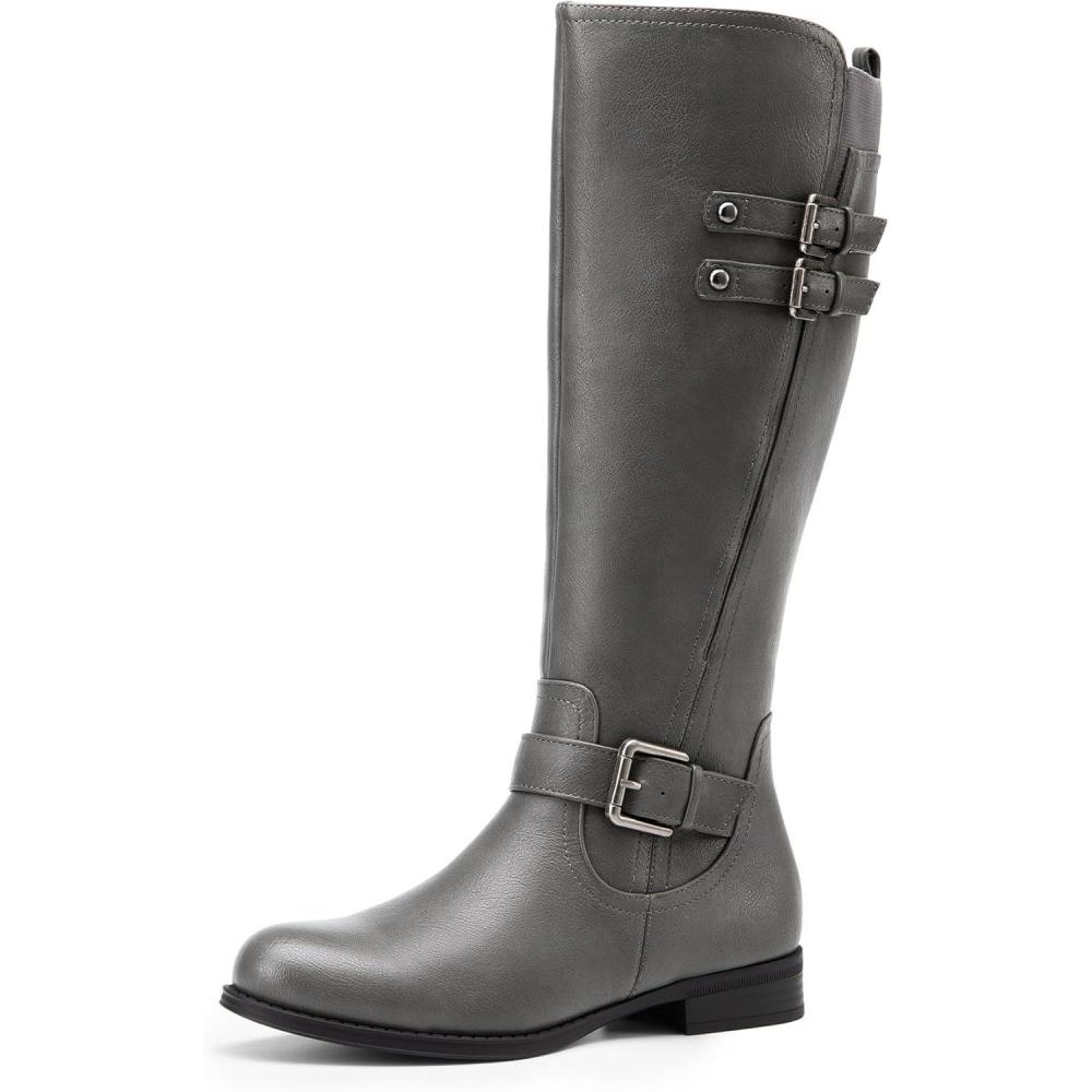 imageDREAM PAIRS Boots For Women Knee High Comfortable Pull On Side Zipper Buckle Riding BootsGrey
