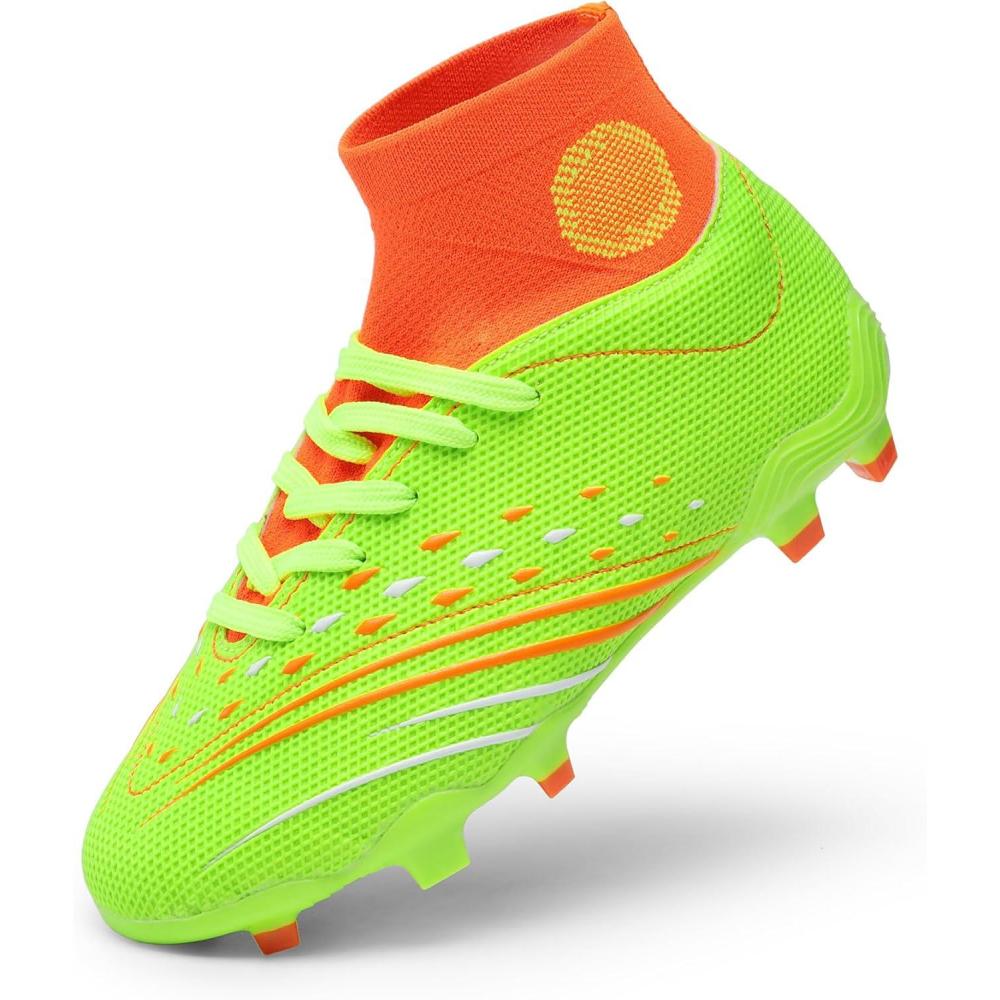 imageDREAM PAIRS Boys Girls Football Cleats Youth Firm Groud Outdoor Trainning Athletic Sport High Top Soccer Shoes for LittleBig KidNeon Green