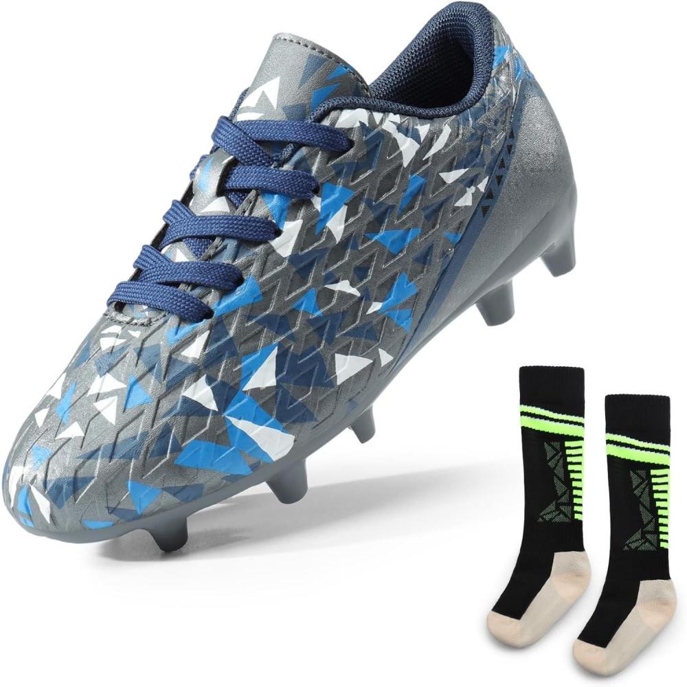 imageDREAM PAIRS Boys Girls Soccer Cleats Youth Firm Groud Athletic Outdoor Trainning Football Shoes with Soccer SocksDarkGreyRoyalBlue