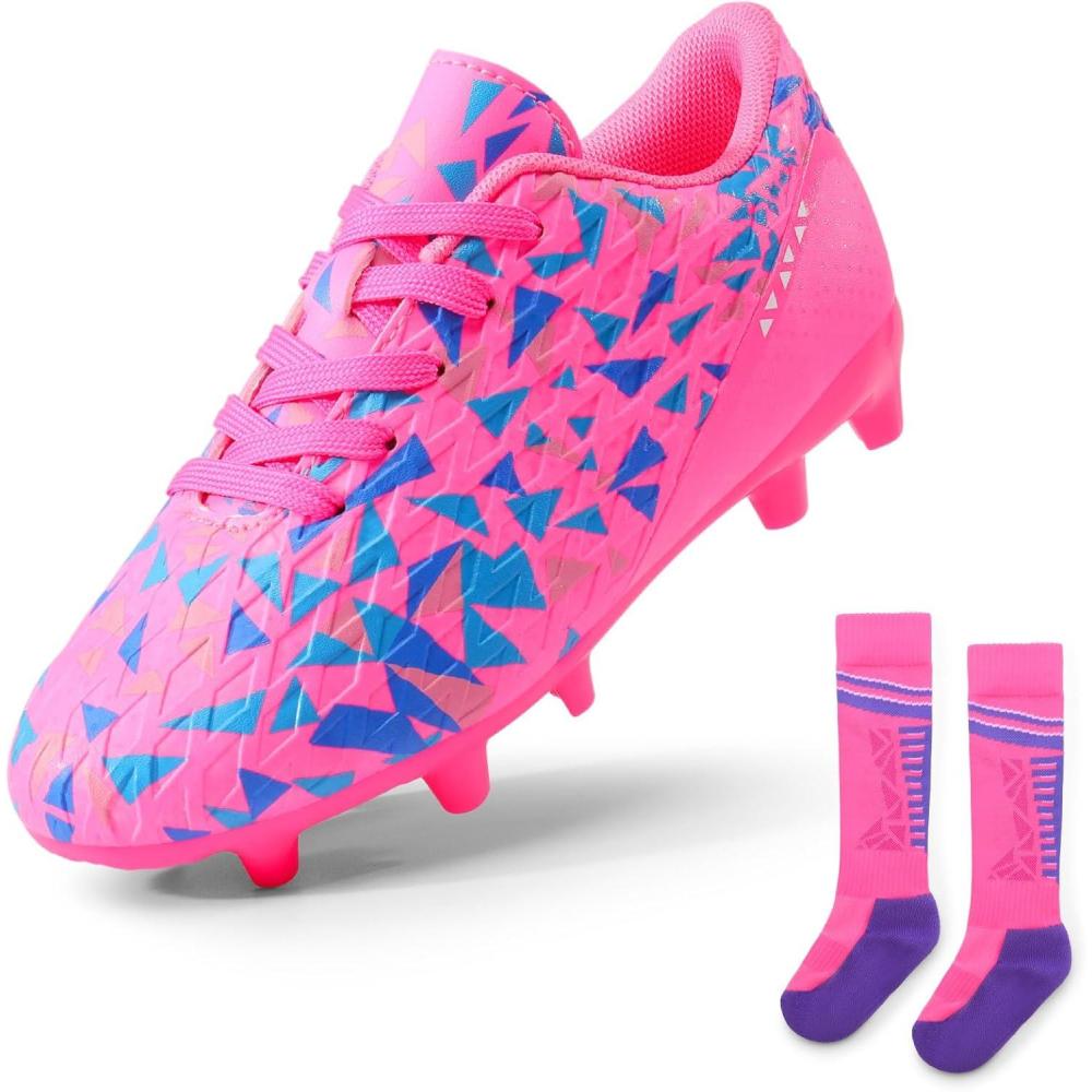 imageDREAM PAIRS Boys Girls Soccer Cleats Youth Firm Groud Athletic Outdoor Trainning Football Shoes with Soccer SocksFuchsiaPinkRoyalBlue