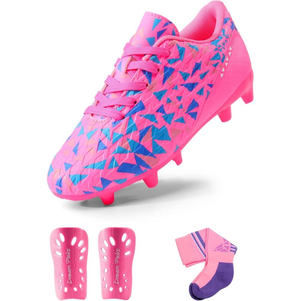 imageDREAM PAIRS Boys Girls Soccer Cleats Youth Firm Groud Athletic Outdoor Trainning Football Shoes with Soccer SocksHot PinkBlue