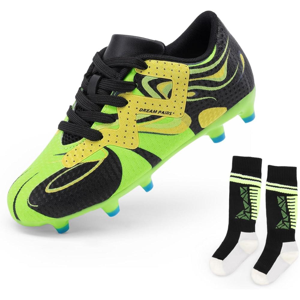 imageDREAM PAIRS Boys Girls Soccer Cleats Youth Firm Groud Sport Football Cleats with Soccer Socks for LittleBig KidToddlerNeon GreenBlack