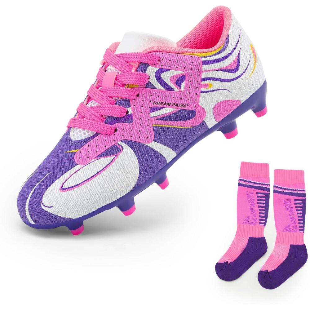 imageDREAM PAIRS Boys Girls Soccer Cleats Youth Firm Groud Sport Football Cleats with Soccer Socks for LittleBig KidToddlerWhitePurple