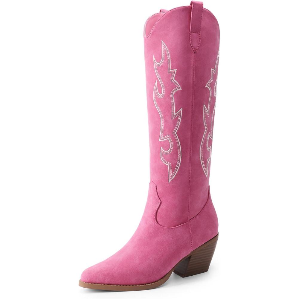 imageDREAM PAIRS Cowgirl Boots Women Knee High Cowboy Boots Pointed Toe Chunky Block Heel Suede Tall Western Boots with EmbroideredHot Pink
