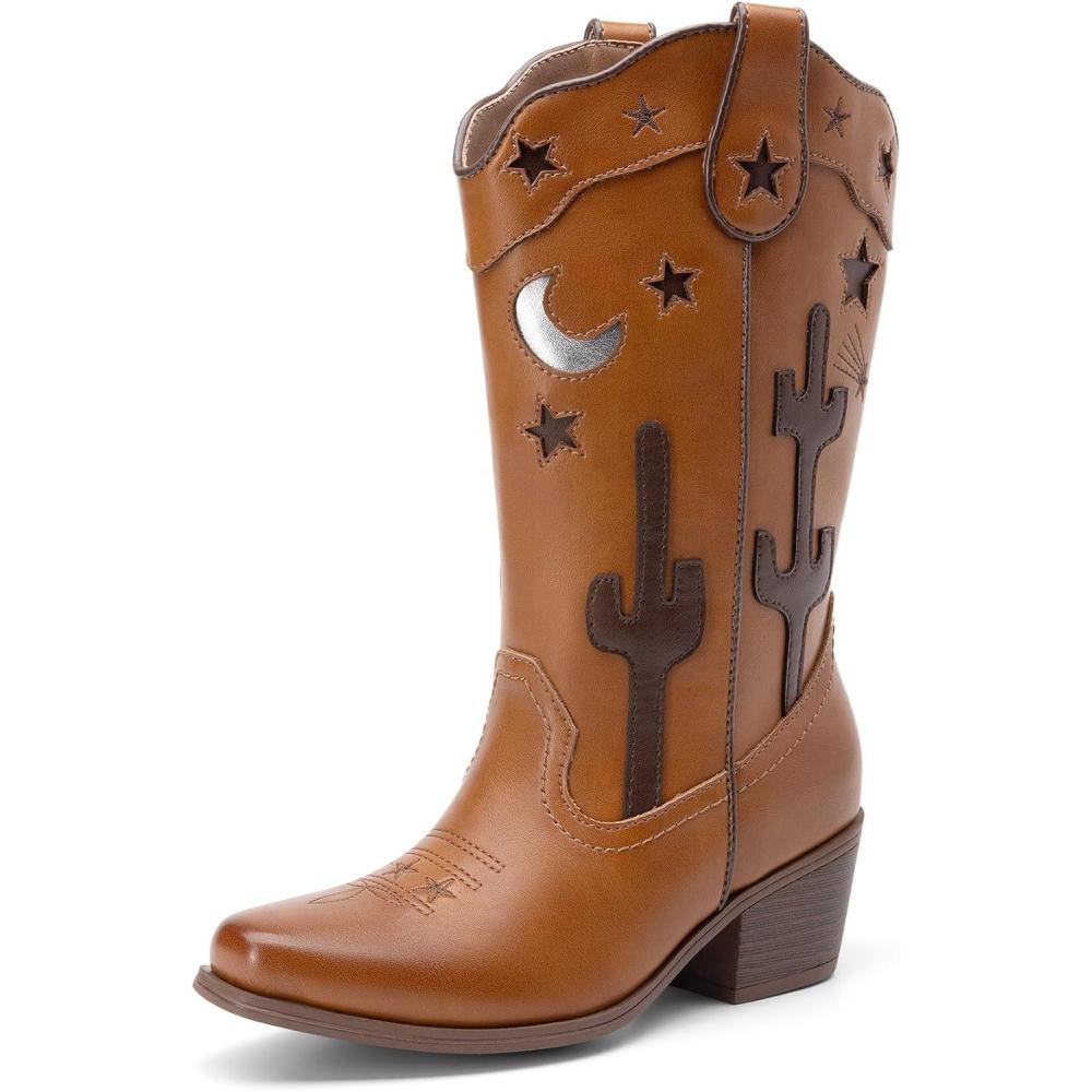 imageDREAM PAIRS Girls Cowboy Boots Cowgirl Mid Calf Western Boots with Low Heel Square Toe for Little KidBig KidBrown