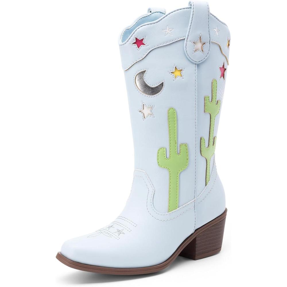 imageDREAM PAIRS Girls Cowboy Boots Cowgirl Mid Calf Western Boots with Low Heel Square Toe for Little KidBig KidLight Blue