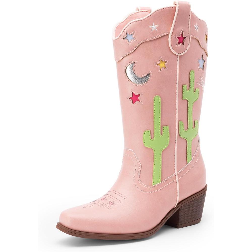imageDREAM PAIRS Girls Cowboy Boots Cowgirl Mid Calf Western Boots with Low Heel Square Toe for Little KidBig KidPink