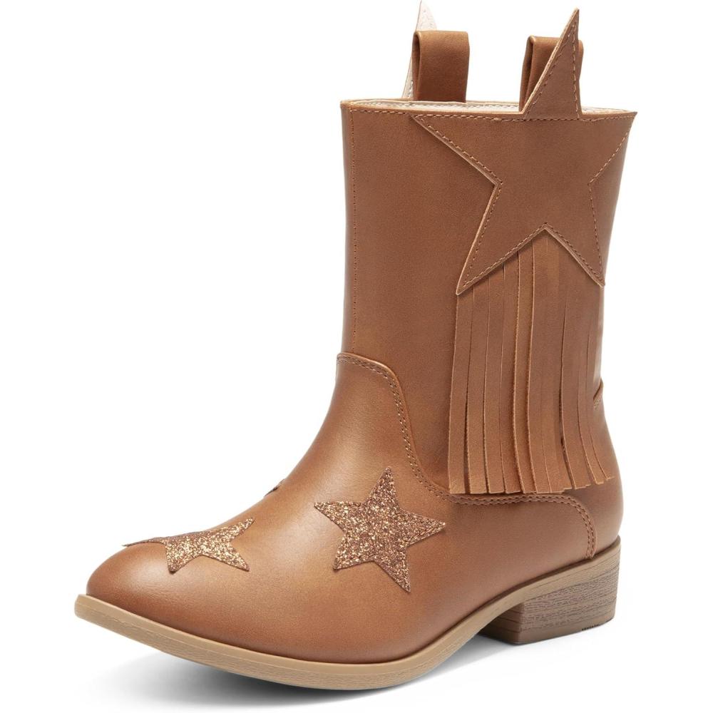 imageDREAM PAIRS Girls Cowgirl Cowboy Western Mid Calf Tassel BootsCamel