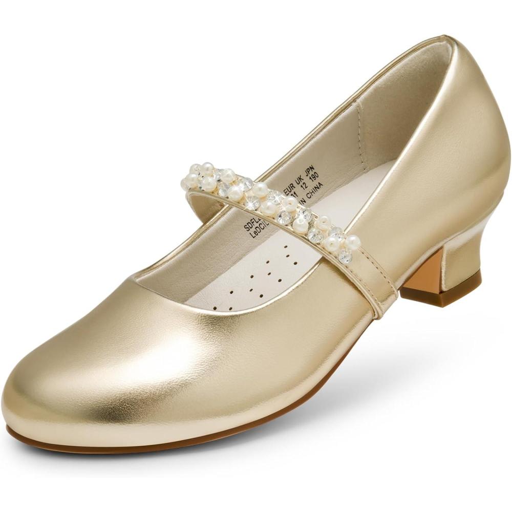 imageDREAM PAIRS Girls Dress Shoes Low Heels for Little Big Girl Mary Jane Shoes with Pearl Rhinestones Flower Girl Pumps Princess Wedding PartyGold