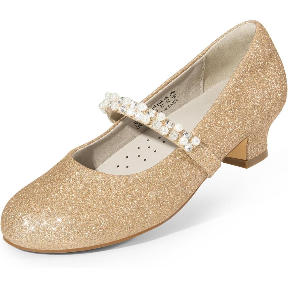 imageDREAM PAIRS Girls Dress Shoes Low Heels for Little Big Girl Mary Jane Shoes with Pearl Rhinestones Flower Girl Pumps Princess Wedding PartyGoldglitter