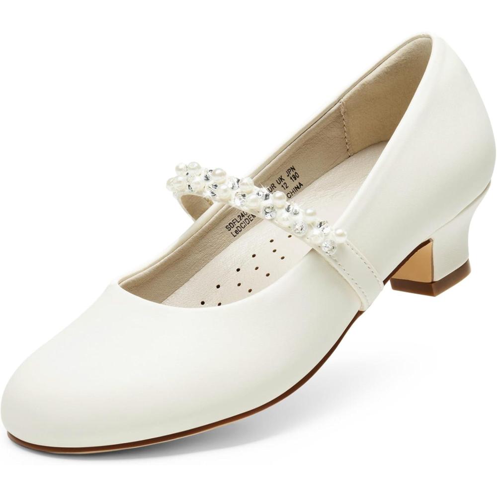 imageDREAM PAIRS Girls Dress Shoes Low Heels for Little Big Girl Mary Jane Shoes with Pearl Rhinestones Flower Girl Pumps Princess Wedding PartyIvoryPu
