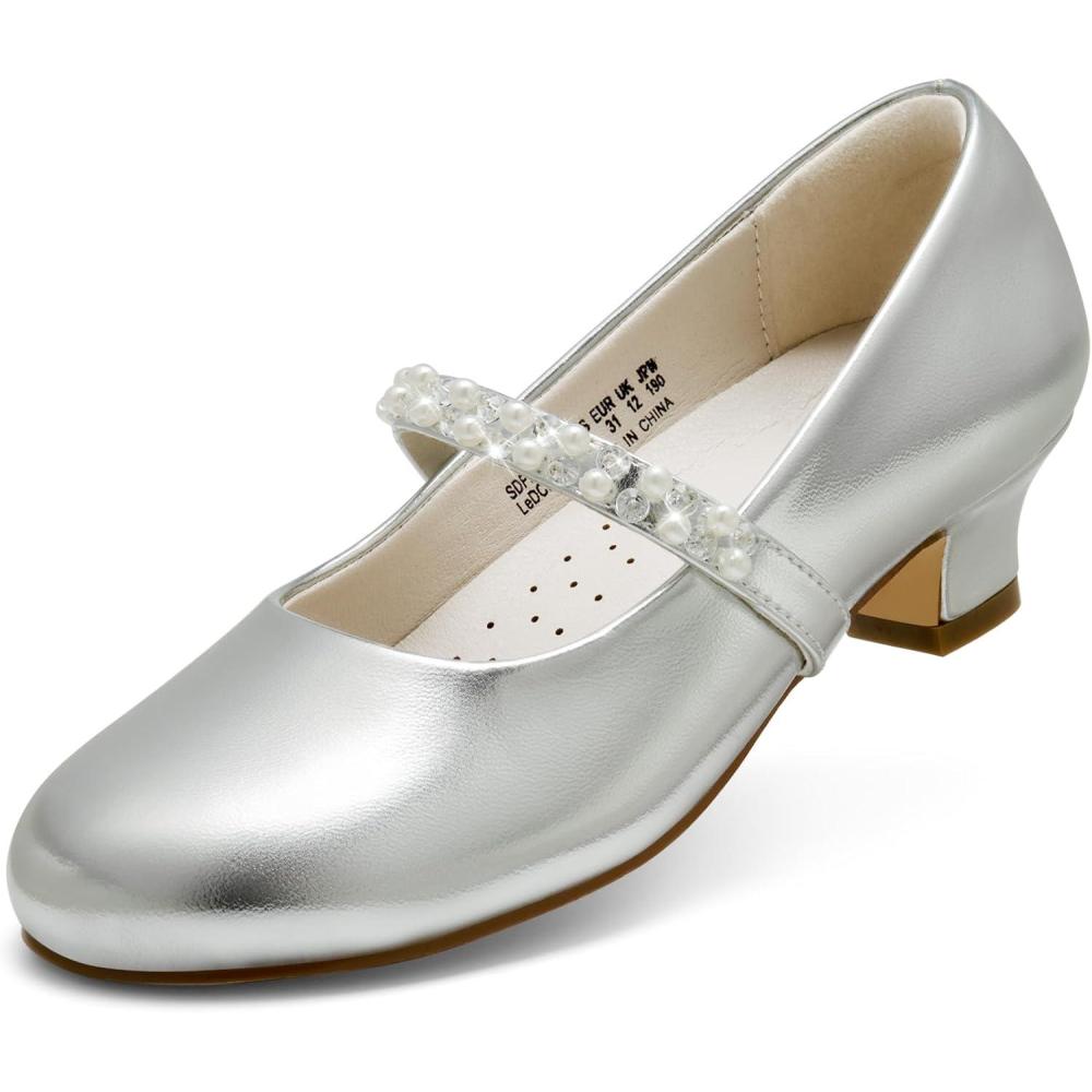 imageDREAM PAIRS Girls Dress Shoes Low Heels for Little Big Girl Mary Jane Shoes with Pearl Rhinestones Flower Girl Pumps Princess Wedding PartySilver