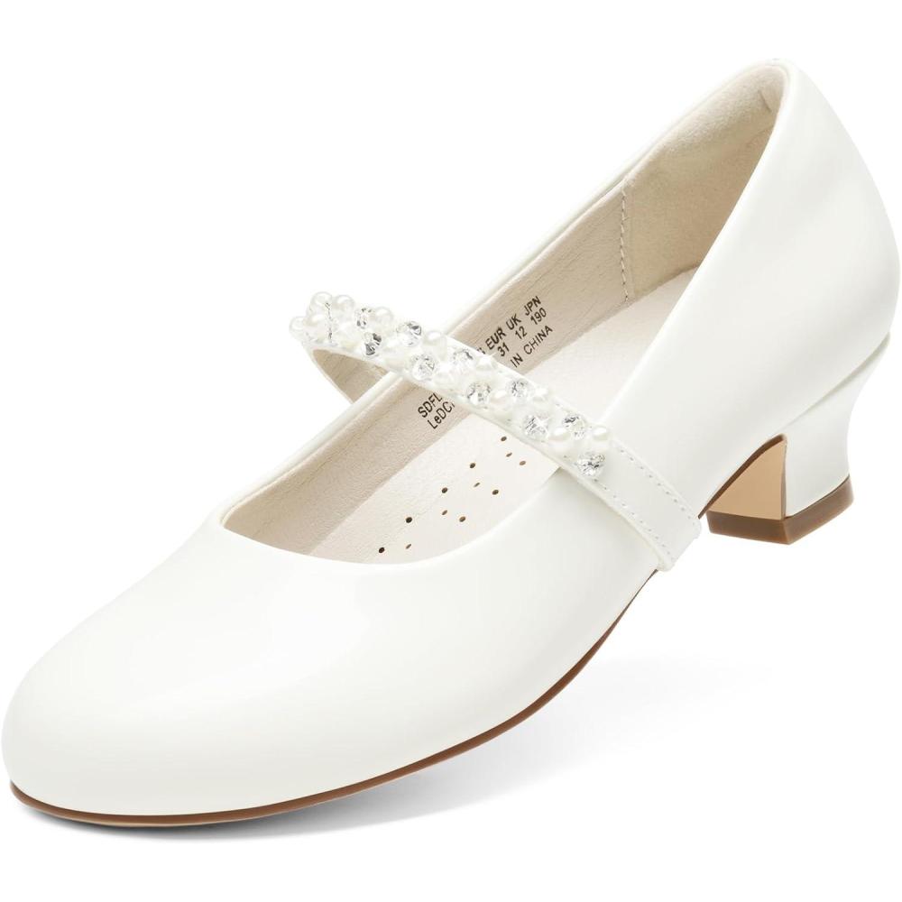 imageDREAM PAIRS Girls Dress Shoes Low Heels for Little Big Girl Mary Jane Shoes with Pearl Rhinestones Flower Girl Pumps Princess Wedding PartyWhitepat
