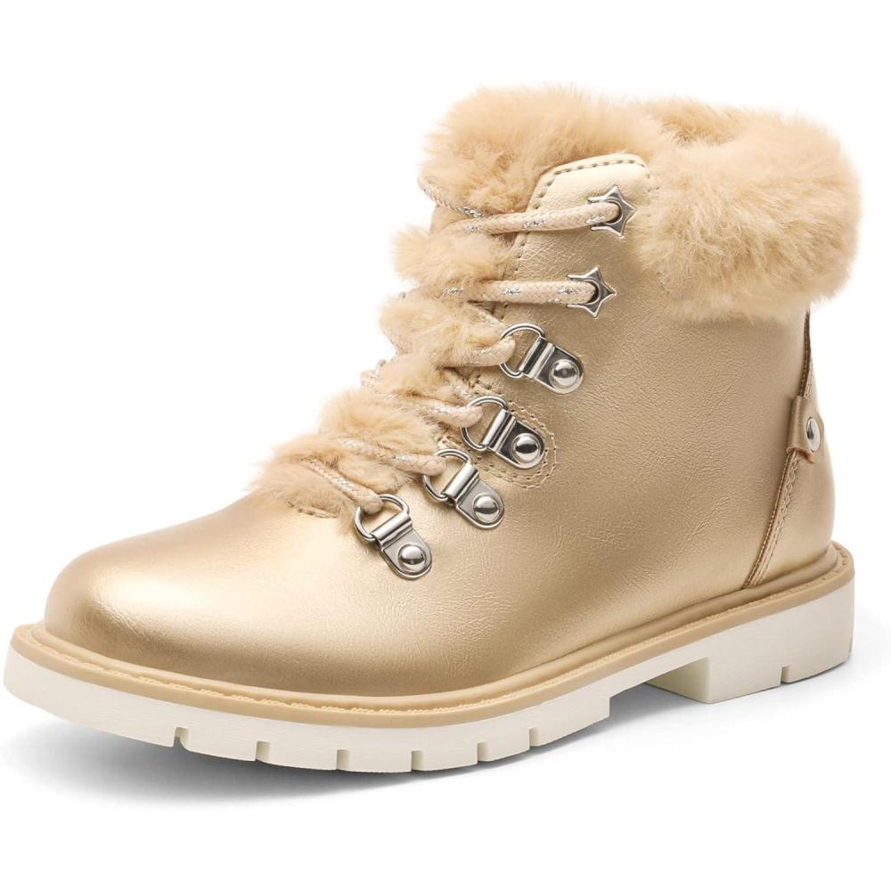 imageDREAM PAIRS Girls Kids Side Zipper Lace up Faux Fur Ankle BootsGoldPu