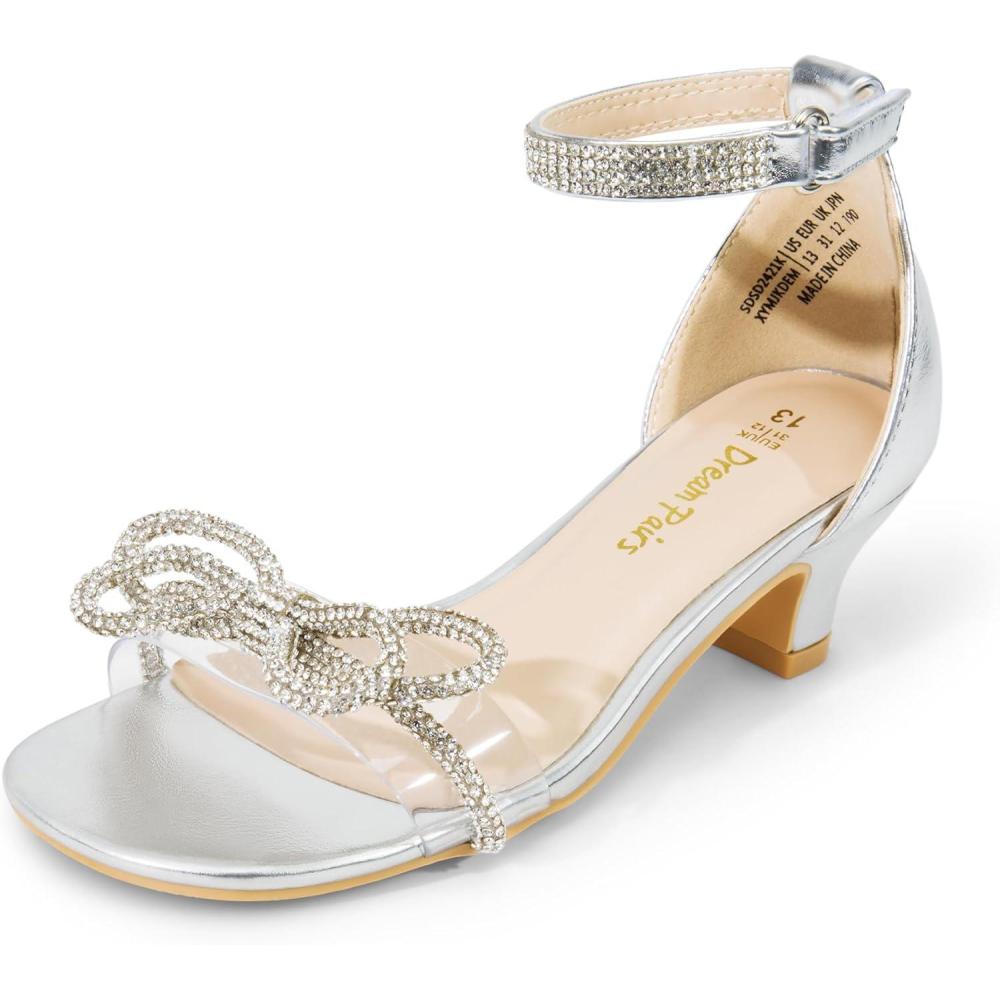 imageDREAM PAIRS Girls Sandals Ankle Strap Square Toe Low Heel Bow Flower Dress ShoesSilver