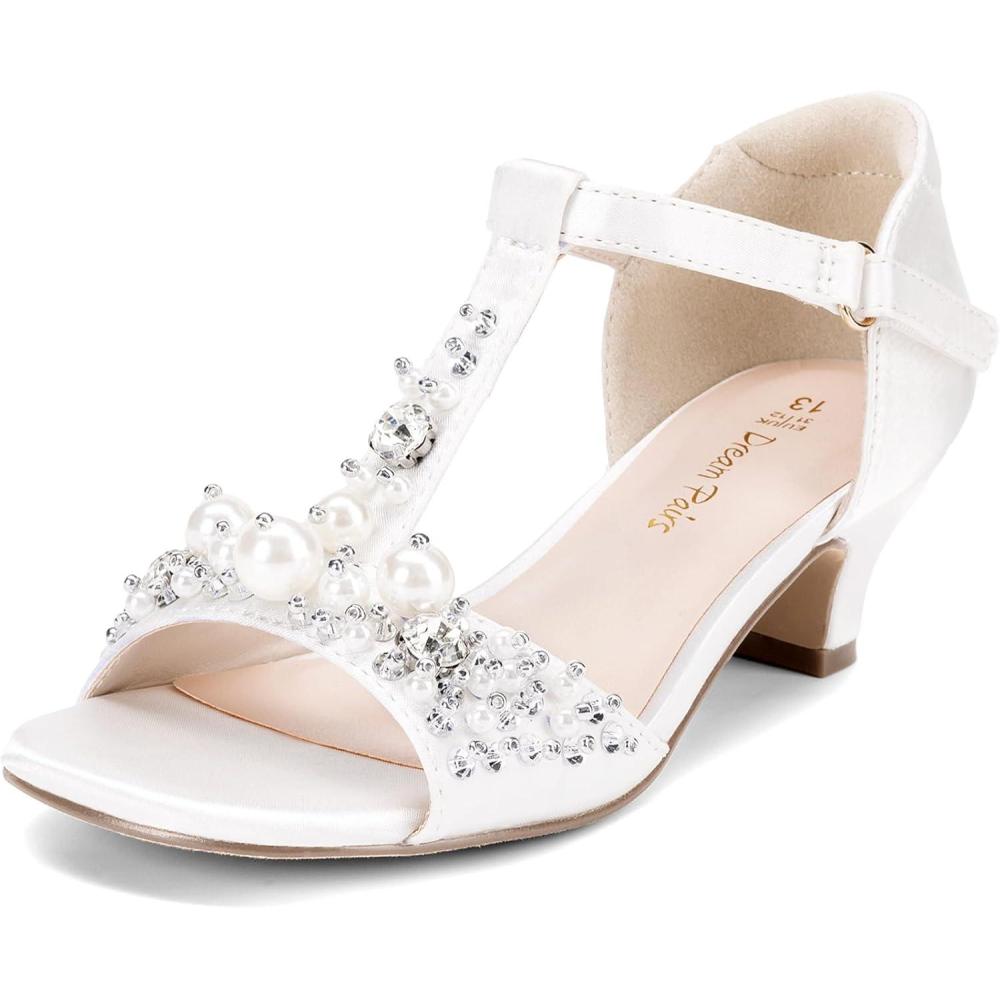 imageDREAM PAIRS Girls Sandals Ankle Strap TStrap Low Heel Pearl Bow Flower Pump Dress Wedding Party Shoes for Little KidBig KidIvory