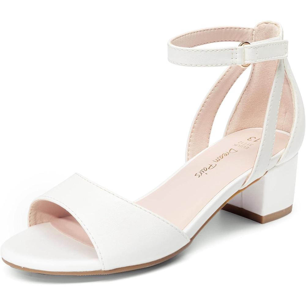imageDREAM PAIRS Girls Sandals Chunky Pump Ankle Strap High Heels Dress Open Toe Flower Wedding Party for Little Big KidWhite