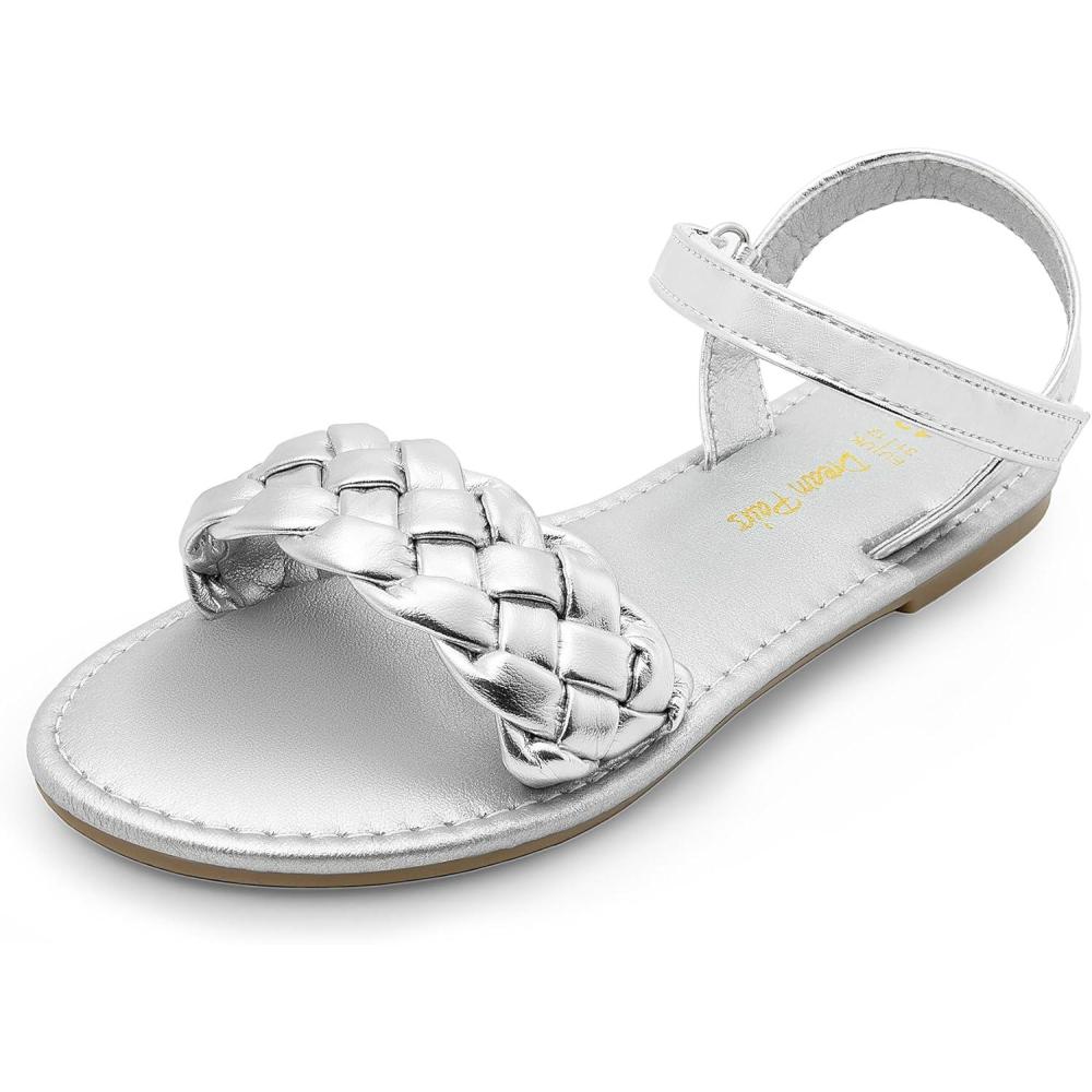 imageDREAM PAIRS Girls Sandals Classic Open Toe Braided Flat Sandals Summer Dress ShoesSilver