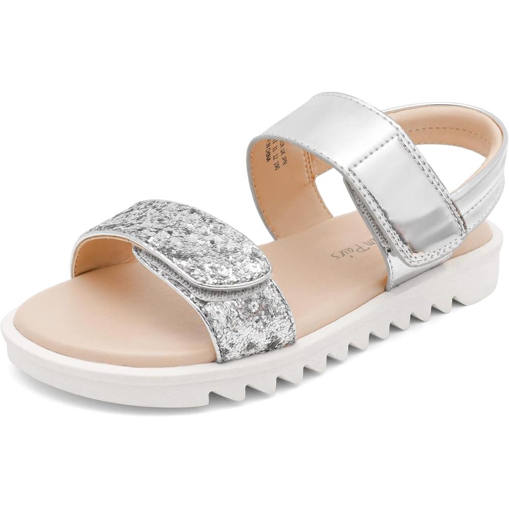 imageDREAM PAIRS Girls Sandals Glitter Two Strapped Casual Open Toe Sandals Little KidBig KidSilver