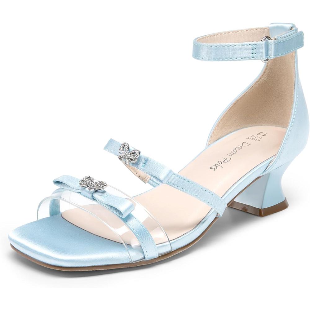 imageDREAM PAIRS Girls Sandals Low Heel Dress Pump Ankle Strap Two Strapped Bow Flower Wedding Party Shoes for Little KidBig KidLight Blue