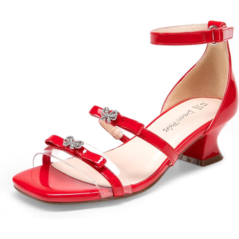 imageDREAM PAIRS Girls Sandals Low Heel Dress Pump Ankle Strap Two Strapped Bow Flower Wedding Party Shoes for Little KidBig KidRed