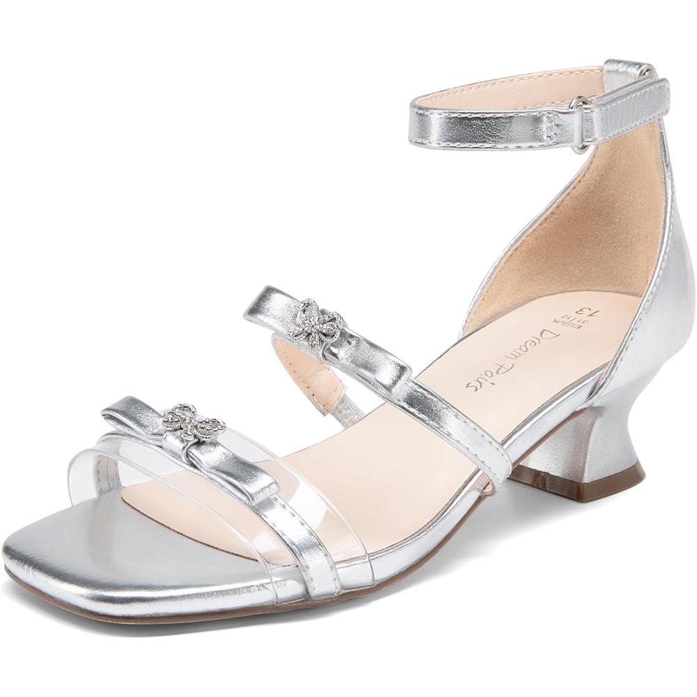 imageDREAM PAIRS Girls Sandals Low Heel Dress Pump Ankle Strap Two Strapped Bow Flower Wedding Party Shoes for Little KidBig KidSilver