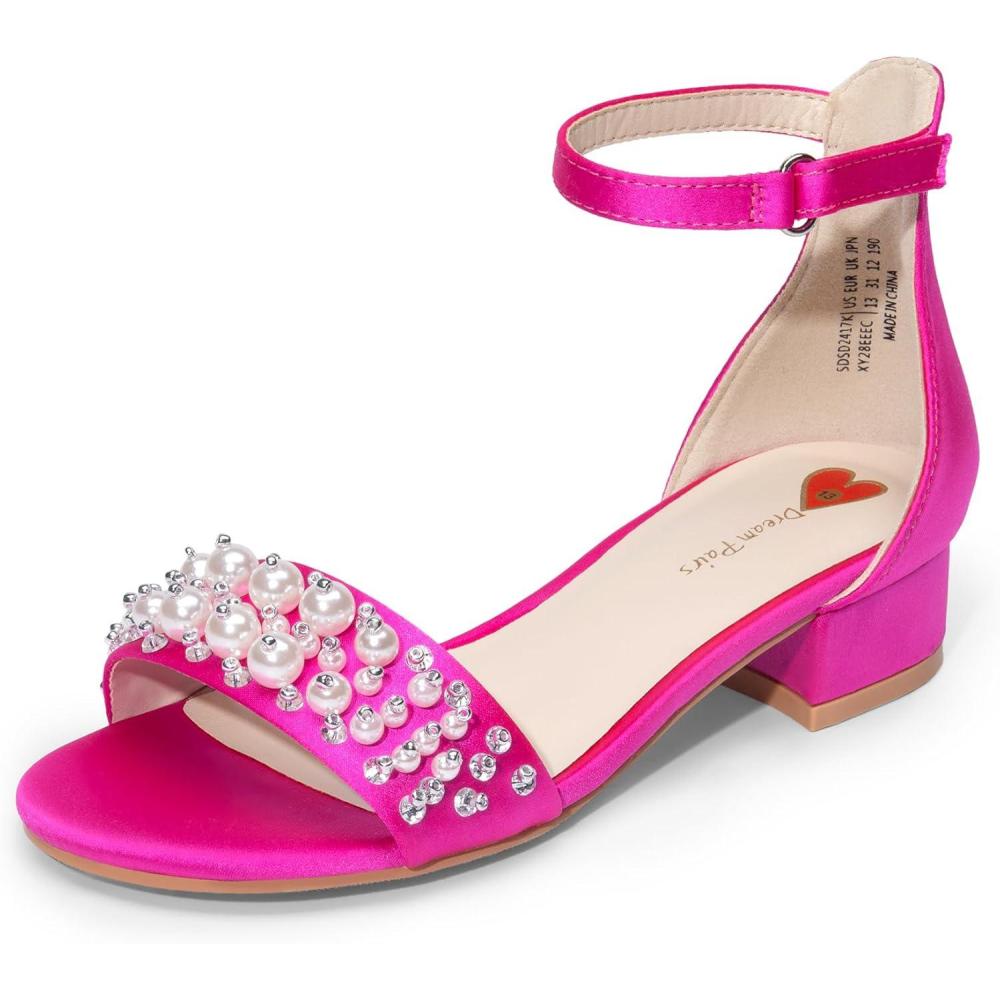 imageDREAM PAIRS Girls Sandals Low Heel Pump Ankle Strap Pearl Dress Flower Wedding Party Shoes for Little KidBig KidHot Pink