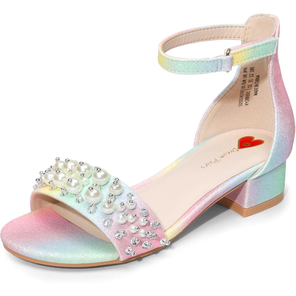 imageDREAM PAIRS Girls Sandals Low Heel Pump Ankle Strap Pearl Dress Flower Wedding Party Shoes for Little KidBig KidRainbowGlitter