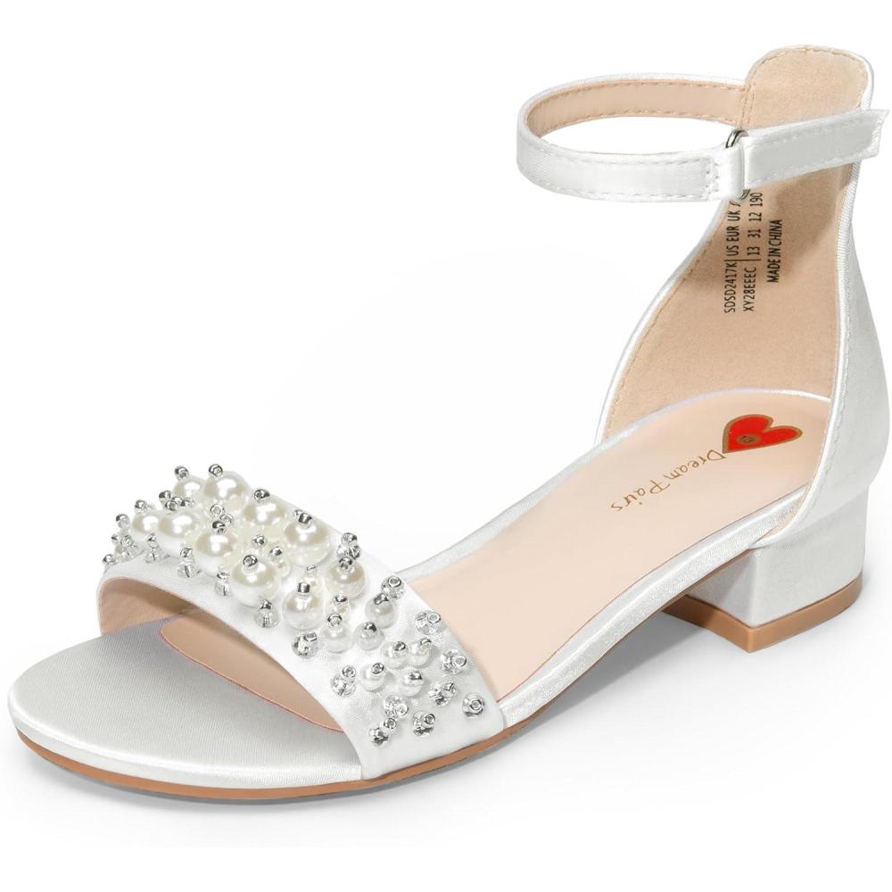 imageDREAM PAIRS Girls Sandals Low Heel Pump Ankle Strap Pearl Dress Flower Wedding Party Shoes for Little KidBig KidWhite