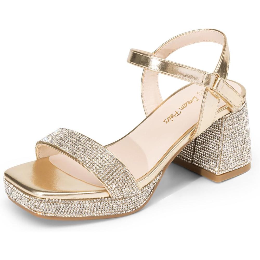 imageDREAM PAIRS Girls Sandals Open Toe Low Block Chunky Heels Sandals Party Dress Pumps Shoes for Little Big KidGold