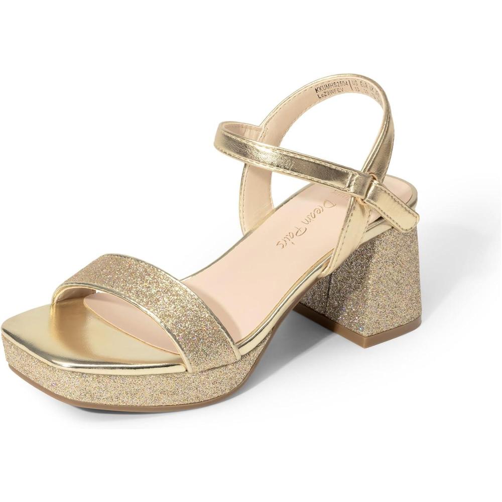 imageDREAM PAIRS Girls Sandals Open Toe Low Block Chunky Heels Sandals Party Dress Pumps Shoes for Little Big KidGoldglitter