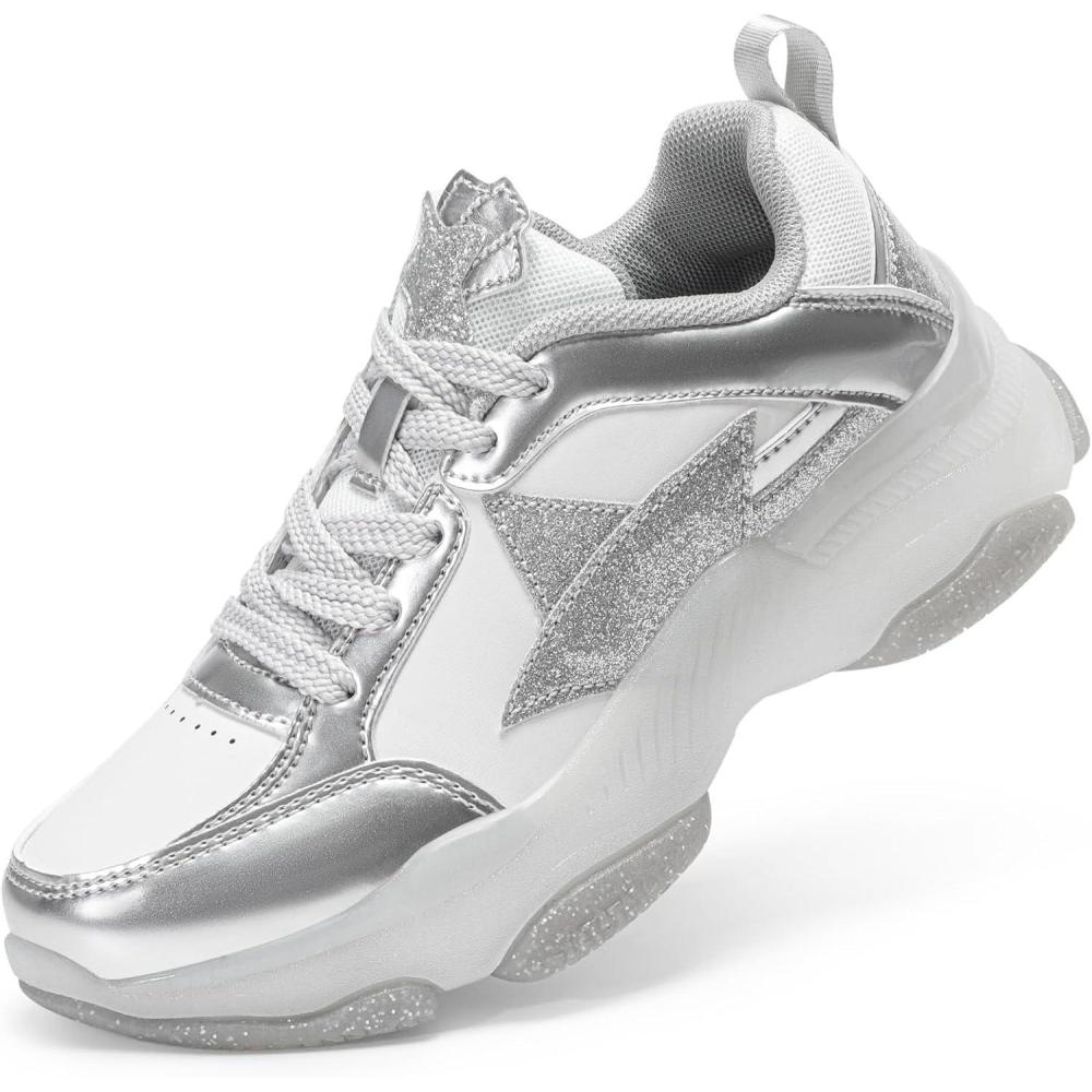 imageDREAM PAIRS Girls Sneakers Lace up Lightweight Sparkle StarGlow Breathable Jelly Sole Kids Walking Shoes Casual SportsSilverWhite