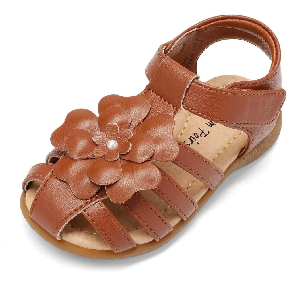 imageDREAM PAIRS Girls ToddlerLittle Kid ClosedToe Flower Summer Dress Sandals ShoesBrown