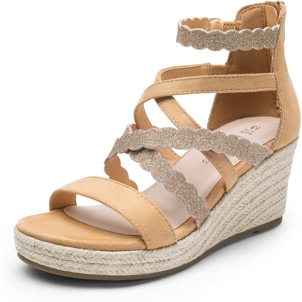 imageDREAM PAIRS Girls Wedge Sandals Flatform Open Toe Platform Sandals Flower Wedding Party for Little KidBig KidCamel