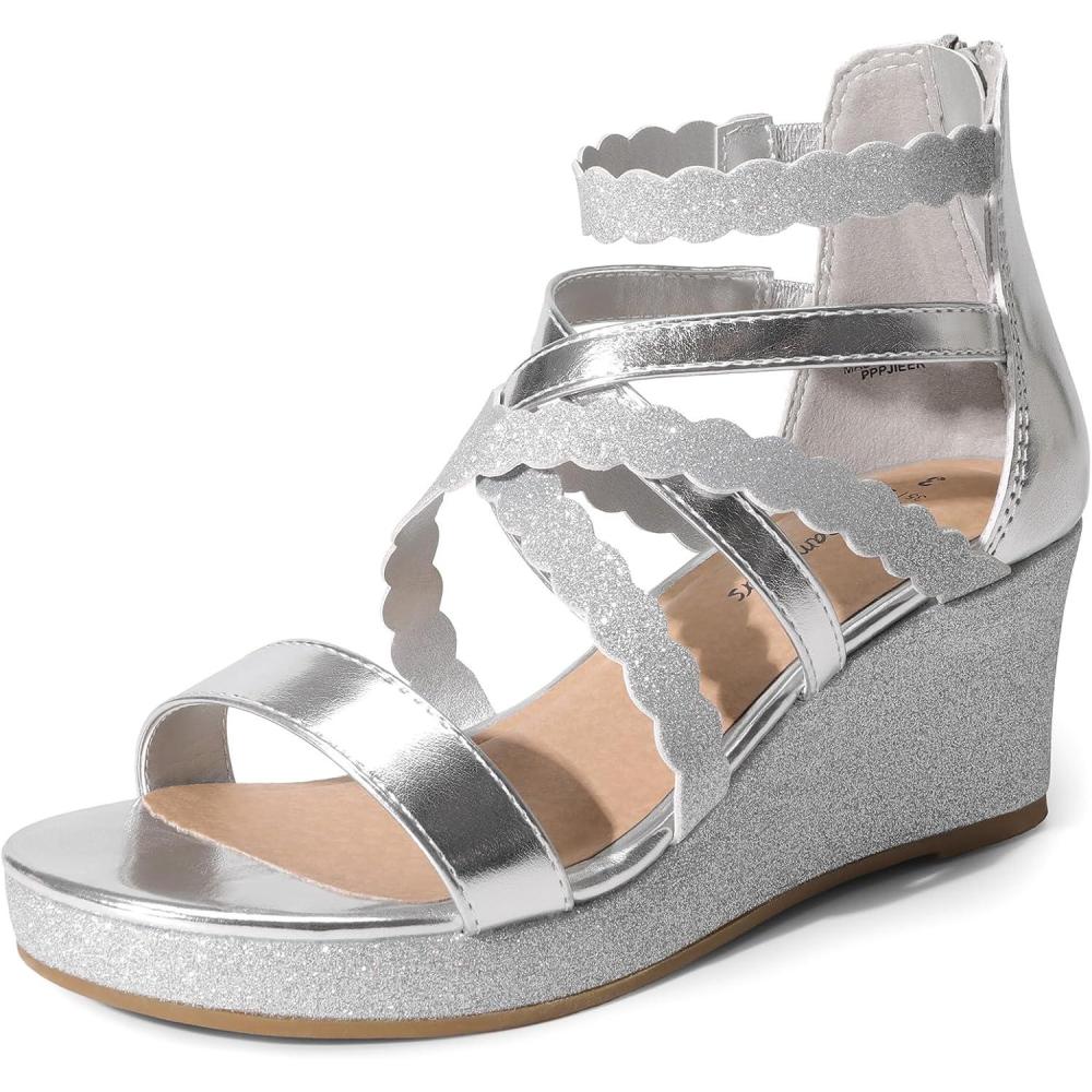 imageDREAM PAIRS Girls Wedge Sandals Flatform Open Toe Platform Sandals Flower Wedding Party for Little KidBig KidSilverglitter