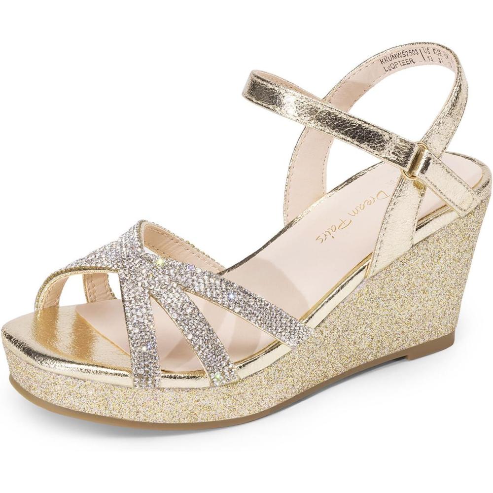 imageDREAM PAIRS Girls Wedge Sandals Flatform Open Toe Summer Platform Sandals Flower Wedding Party for Little KidBig KidGold