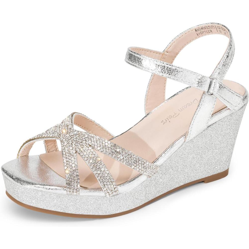 imageDREAM PAIRS Girls Wedge Sandals Flatform Open Toe Summer Platform Sandals Flower Wedding Party for Little KidBig KidSilver