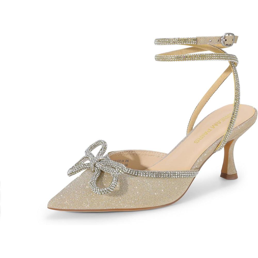 imageDREAM PAIRS Kitten Heels Rhinestone Bow Ankle Strap Stiletto Pointed Closed Toe Heels for Women Pumps Wedding Bridal Party Dress ShoesGold