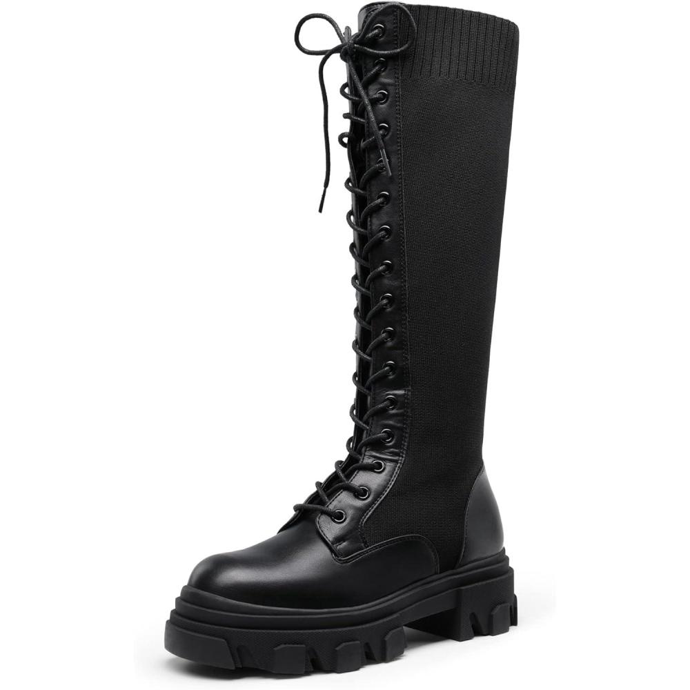 imageDREAM PAIRS Knee High Boots Women Fashion Combat Boots Chunky Platform Lace Up Lug Sole Boots For WomenBlackKnitting