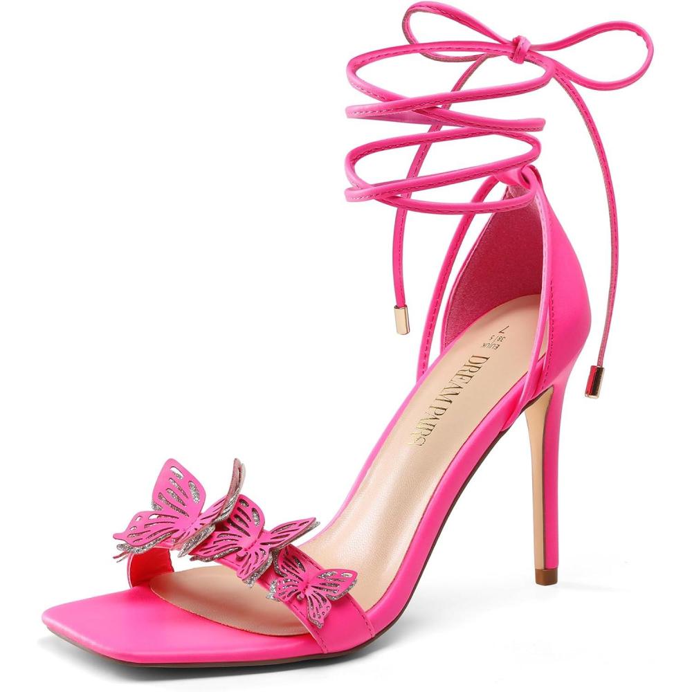 imageDREAM PAIRS Lace Up High Shoes Stilletos Sandals for Women Strappy Gladiator Open Square Toe Fashion Dressy Sandals Wedding Bridal Pumps Sandals ShoesHot Pinkpu