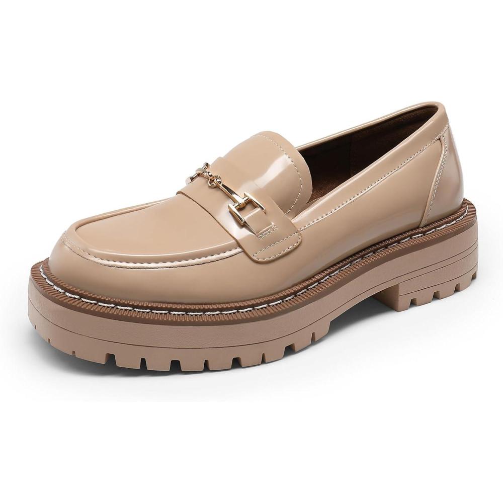 imageDREAM PAIRS Loafers for Women Platform Chunky Heel Slip On Loafers Business Office Casual Dressy Loafer ShoesNude