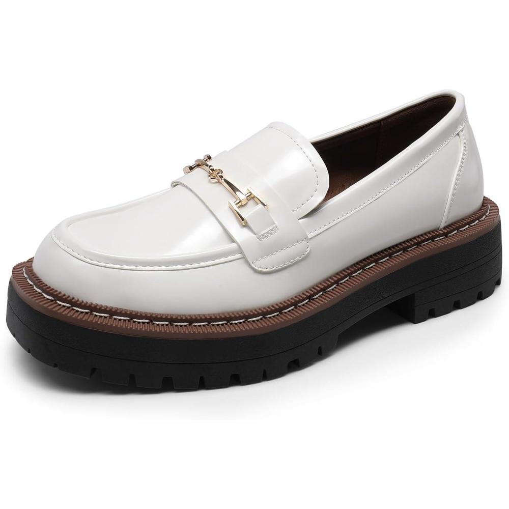 imageDREAM PAIRS Loafers for Women Platform Chunky Heel Slip On Loafers Business Office Casual Dressy Loafer ShoesWhite