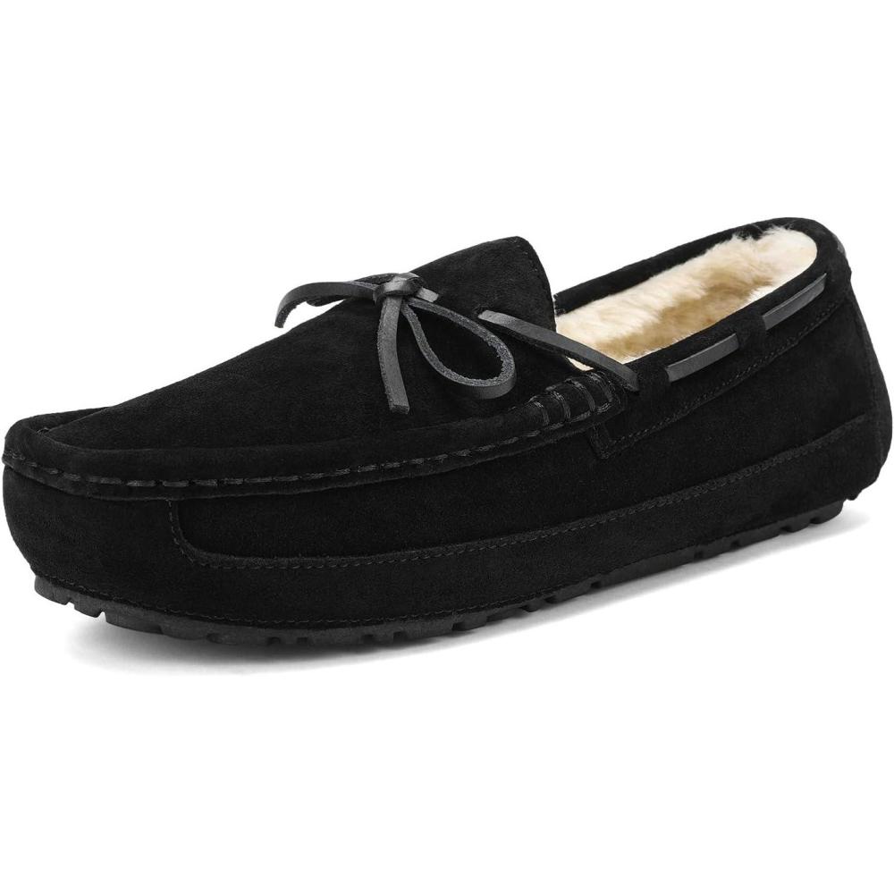 imageDREAM PAIRS Mens House Slippers Moccasin Indoor Outdoor Fuzzy Furry Loafers Suede Leather Warm Comfortable Shoes02black