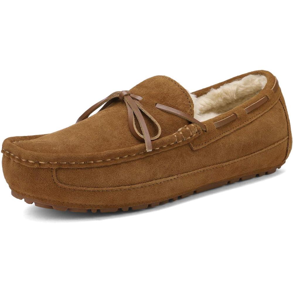 imageDREAM PAIRS Mens House Slippers Moccasin Indoor Outdoor Fuzzy Furry Loafers Suede Leather Warm Comfortable Shoes02tan