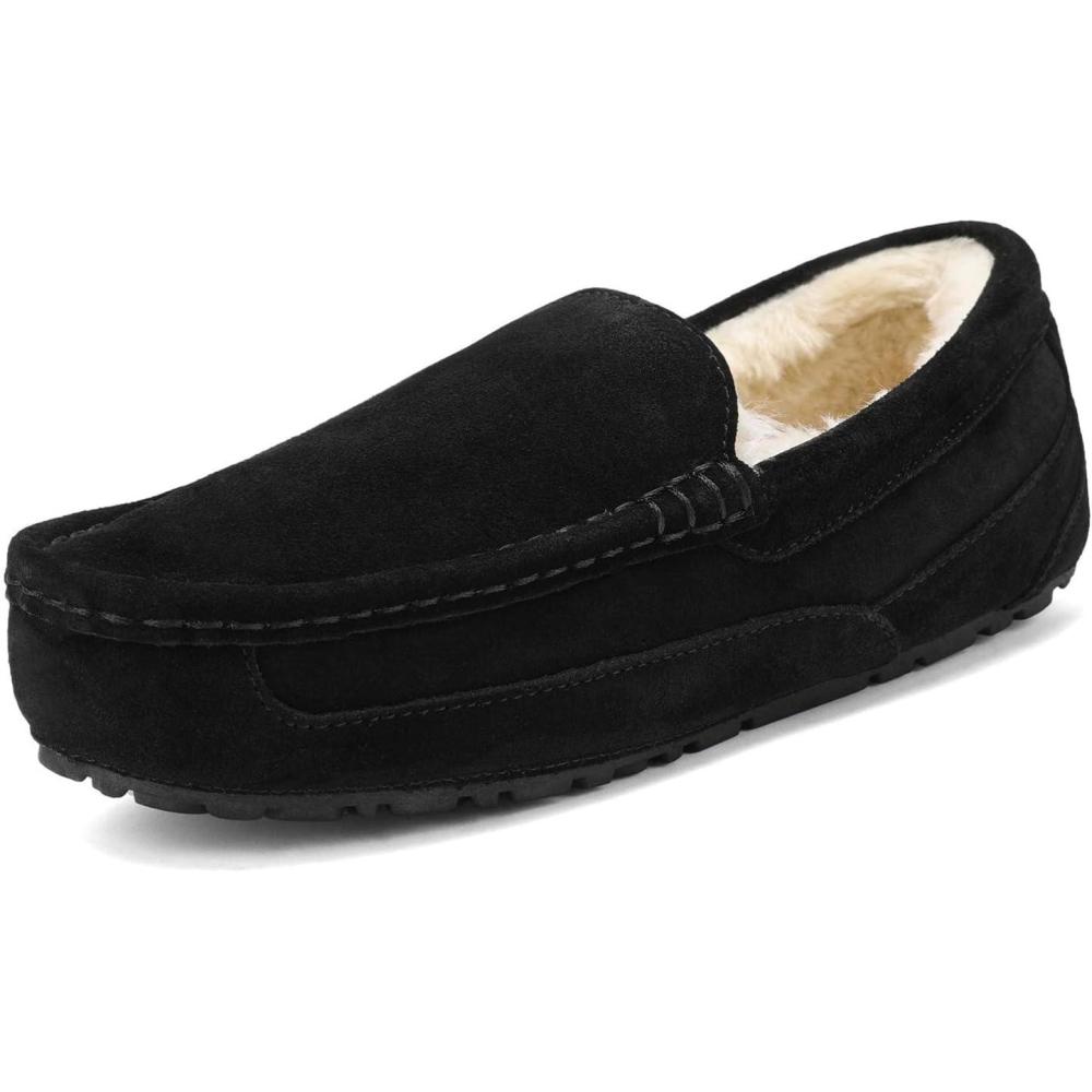 imageDREAM PAIRS Mens House Slippers Moccasin Indoor Outdoor Fuzzy Furry Loafers Suede Leather Warm Comfortable ShoesBlack