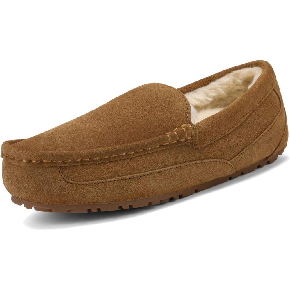 imageDREAM PAIRS Mens House Slippers Moccasin Indoor Outdoor Fuzzy Furry Loafers Suede Leather Warm Comfortable ShoesTan